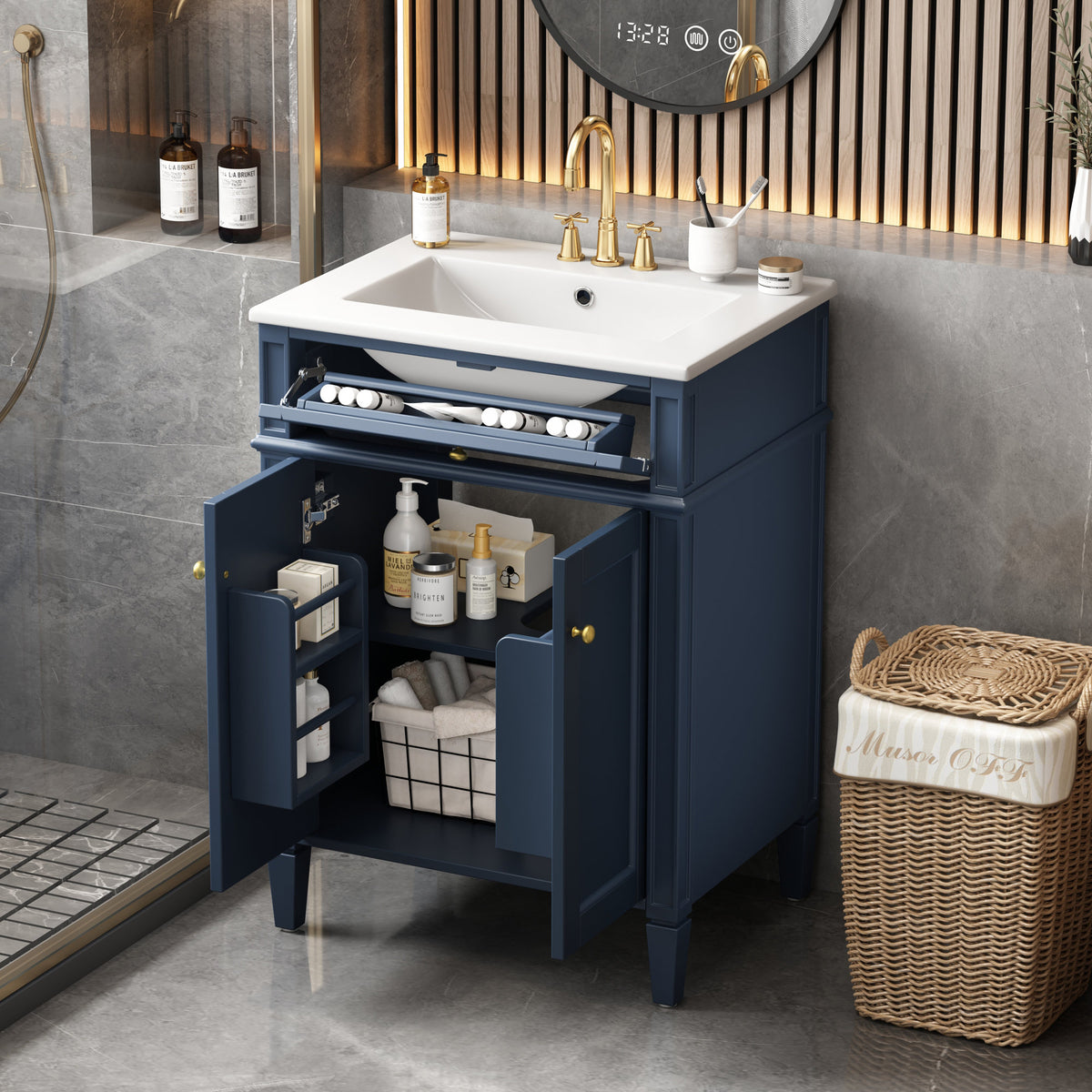 Modern Blue Bathroom Vanity with 2 Doors and Tip-Out Drawer, Ceramic Sink, Soft-Closing Hinges, Solid Wood Frame, 24'