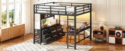Queen Size Loft Bed with Desk, Loft Bed with Drawers, Loft Bed with Led Light and USB, Sturdy Loft bed Frame, Loft Bed with Mirror, Multi-Functional High Loft Bed for Teens Adults.Black