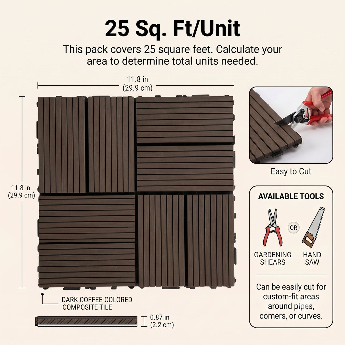 Interlocking WPC Deck Tiles 11.8"x11.8", Wood Plastic Composite Patio Floor Tiles, Waterproof Drainage Outdoor Flooring for Balcony, Backyard, Poolside, 25 Pack,-8 panel,(dark brown)