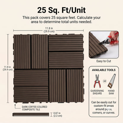 Interlocking WPC Deck Tiles 11.8"x11.8", Wood Plastic Composite Patio Floor Tiles, Waterproof Drainage Outdoor Flooring for Balcony, Backyard, Poolside, 25 Pack,-8 panel,(dark brown)