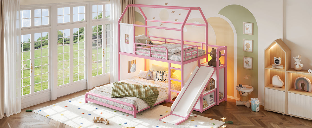Twin over Full Playhouse Metal Bunk Bed with Slide & Ladder, House Shaped Bunk Bed with LED Light Strip, Privacy Curtain, Movable Storage Cabinet and Hanging Rod, Twin over Full Kids Bunk Bed , Pink
