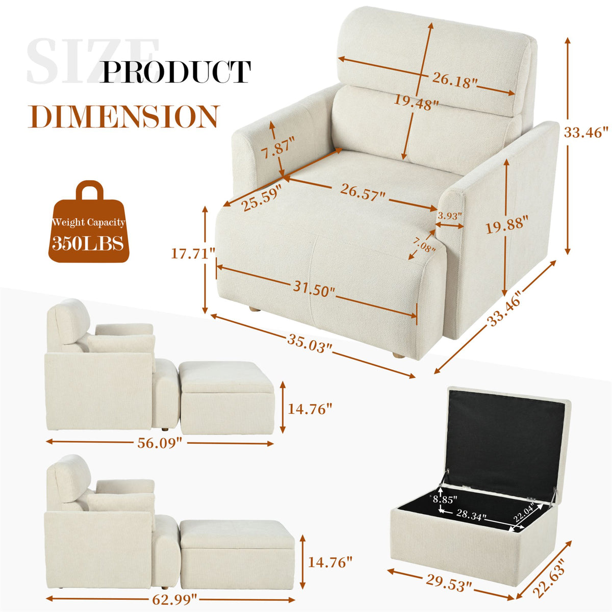 Oversized Chair w/Storage Ottoman, Wide Accent Armchair Chair for Living Room, Modern Lounge Chair, Upholstered Mid-Century Reading Chair, Comfy Living Room Chair, Deep Seat Sofa Couch(Beige Gray)
