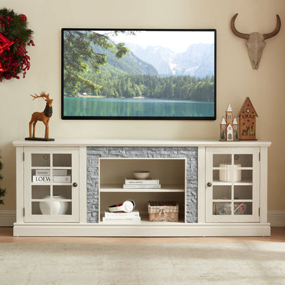 70" Modern TV Stand with 2-Door Storage, Faux Stone Media Console Cabinet, White Large Entertainment Center