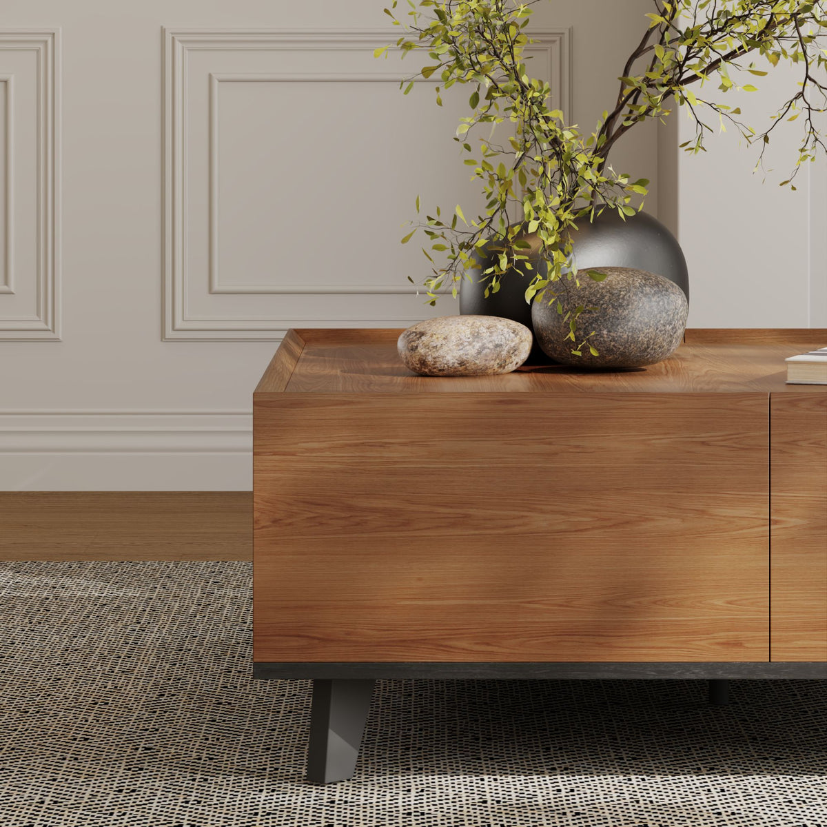 35.43" Square Walnut Finish Coffee Table with Hidden Drawer and Black Base, Modern Large Cocktail Center Table with Storage for Living Room, Apartment and Office