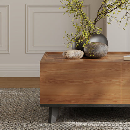 35.43" Square Walnut Finish Coffee Table with Hidden Drawer and Black Base, Modern Large Cocktail Center Table with Storage for Living Room, Apartment and Office