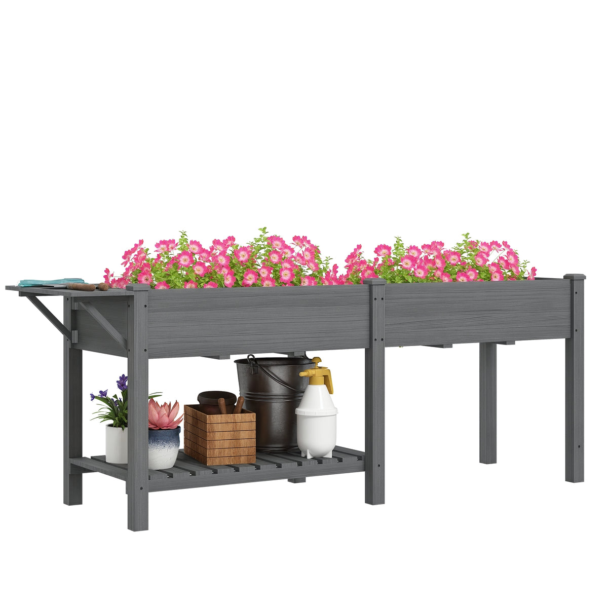 Outsunny Raised Garden Bed, Wood Elevated Planter Box with Side Table, Bottom Shelf, Outdoor Raised Planter with Bed Liners, Drainage Holes for Vegetable Flower, 81.5 x 23 x 31 in, Gray