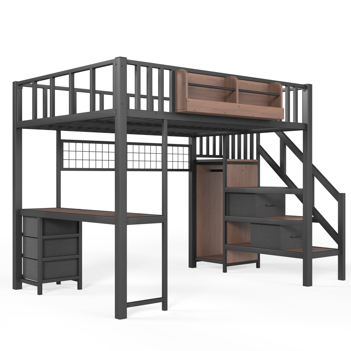 Full Size Loft bed with desk, Heavy Duty save space Loft Bed with Drawers & Storage Stair, All-in-One Metal Frame Multi-Functional Loft Bed for Teens Adults, Black
