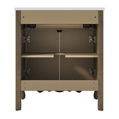 30' Antique Pattern Bathroom Vanity with Rectangle Ceramic Sink, Bathroom Vanity Cabinet with Tip-Out Tray / Flip-Out Drawer, Equipped with Antique Handles and Rubber Wood legs, Vintage Light Brown