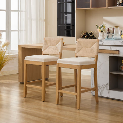 Hand‑Woven Rattan Counter Height Bar Stools Set of 2, 27 Inch Seat Height, Linen Upholstered Barstools with S‑Spring & High‑Density Sponge Cushion, Solid Wood Frame for Kitchen Island,SW1872MT