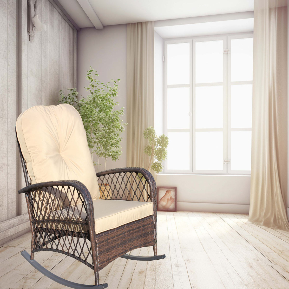 Outdoor Wicker Rocking Chair with Wide Seat, Thick, Soft Cushion, Rattan Rocker w/Steel Frame, High Weight Capacity for Patio, Garden, Backyard, Shallow brown Cushion
