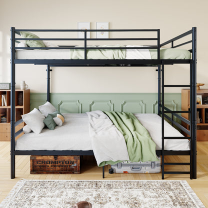 Queen-size heavy-duty bunk bed with ladder and high guardrails, 20 crossbars, minimum load capacity of 880 lbs per bunk, can be split into two double beds, includes storage space, black.