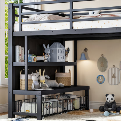 Twin Metal Low Loft Bed for Kids, Low Loft Bed with Storage Drawer, Low Loft Bed with Bookshelf & Storage Bag, Sturdy Low Loft bed Frame with Open Storage Space for Bedroom, Black