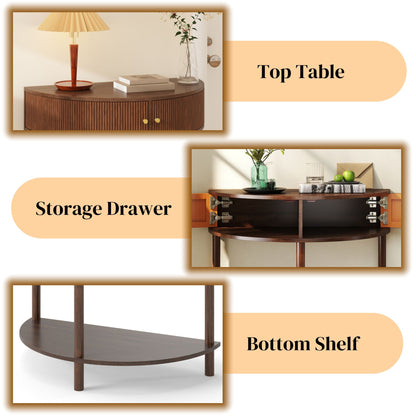 Artisan-Crafted Wave-Pattern Demi-Lune Console Table with Brown Woodgrain,Unique Half Moon Design End Table with 2 Storage Drawers and Bottom Shelf for Living room, Bedroom, Study, Hallway