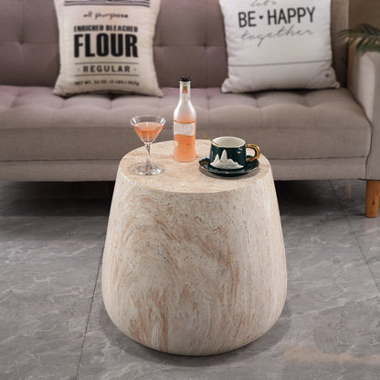 Drum Shaped Accent Coffee Table, MgO Faux Travertine Round Coffee Table, Indoor & Outdoor Decorative Table for Living Room Patio Yard, Top Dia 14.57" x Bottom Dia 18.90" x H 16.54"
