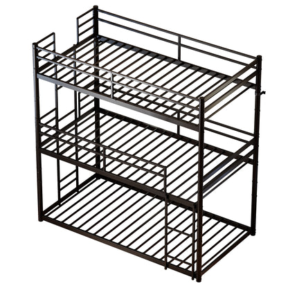 Metal Triple Bunk Bed Twin over Twin over Twin, Heavy Duty 3-in-1 Convertible Metal Bunk Bed Frame with Ladders, Guardrails & Anti-Tip Kit, Space-Saving Bed for Kids, Teens, Adults, No Box Spring Need