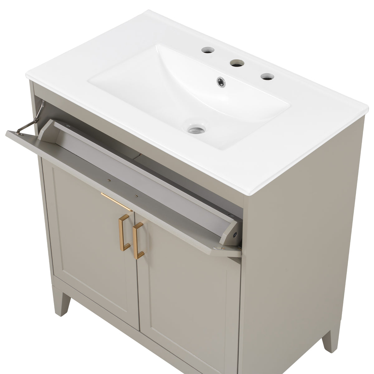 [Video] 30" Bathroom Vanity with Ceramic Sink Top, Solid Wood Legs, Soft-Close Double Doors & Tip-Out Drawer, Adjustable Interior Shelf, Door-mounted Organizers, Beige