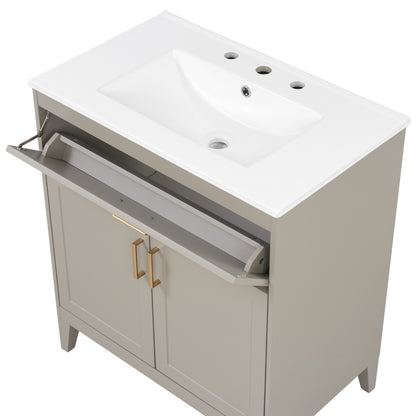 [Video] 30" Bathroom Vanity with Ceramic Sink Top, Solid Wood Legs, Soft-Close Double Doors & Tip-Out Drawer, Adjustable Interior Shelf, Door-mounted Organizers, Beige