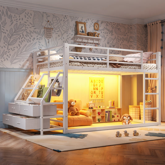 Twin over Twin bunk Bed with Storage Shelves and Drawers, Metal Bunk Bed with LED Lights for Teens, No Box Spring Need.White