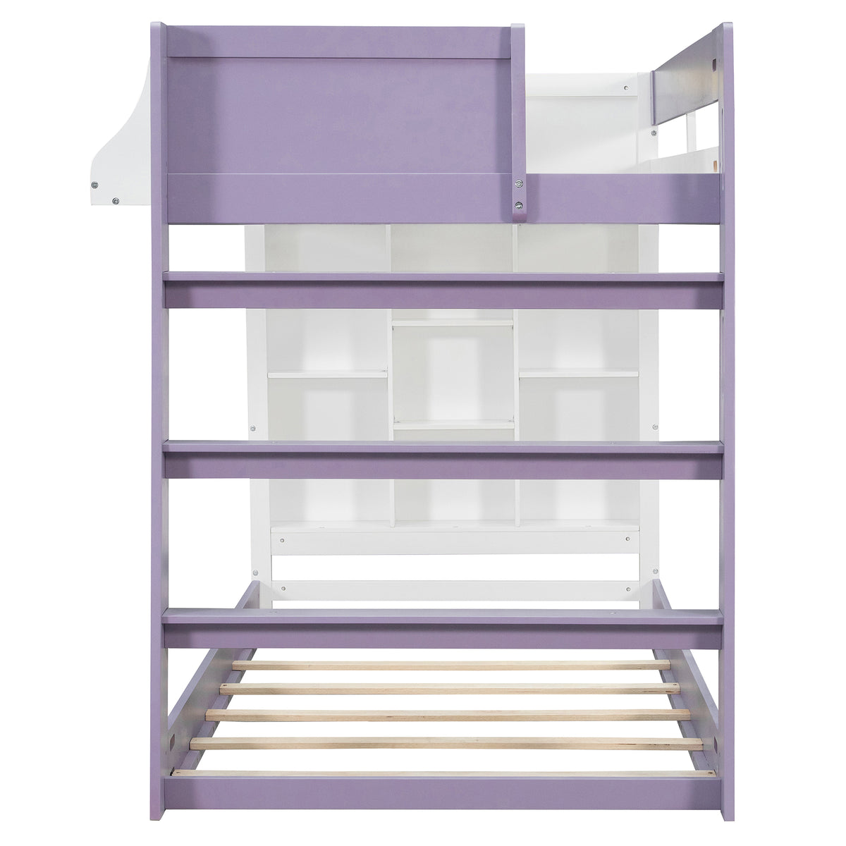 Twin Over Twin XL Bunk Bed with Storage Shelves & Guardrail Storage Basket, White+Light Purple