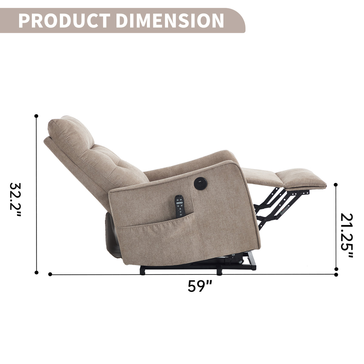Khaki Chenille Single Motor Power Lift Recliner Chair with Massage and Heat for Elderly, Heavy Duty Motion Mechanism and One USB for Charging, Max Reclining Angle 155°