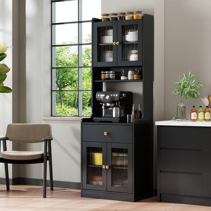 Black Kitchen Pantry Hutch Storage Cabinet, Farmhouse Kitchen Hutch Buffet Cabinet with Microwave Stand