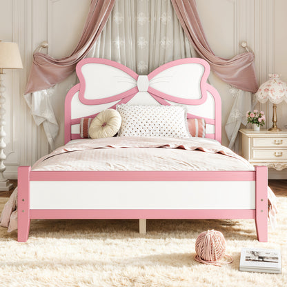 Full Size Wooden Platform Bed with Bow Headboard, Solid Wood Bed Frame with Slatted Support, Low Profile Platform Bed for Kid Teens Girls, No Box Spring Needed,Pink&White