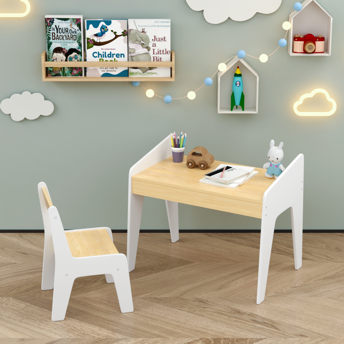 Kids Table Set with One Chair, Wooden Children Study Table, 2-8 Age Kids Funiture, White+Natural