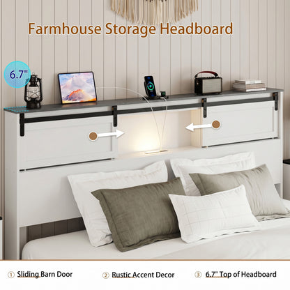 King size bed, metal bed frame with charging station, no need for box spring, (white), no noise, easy to assemble.