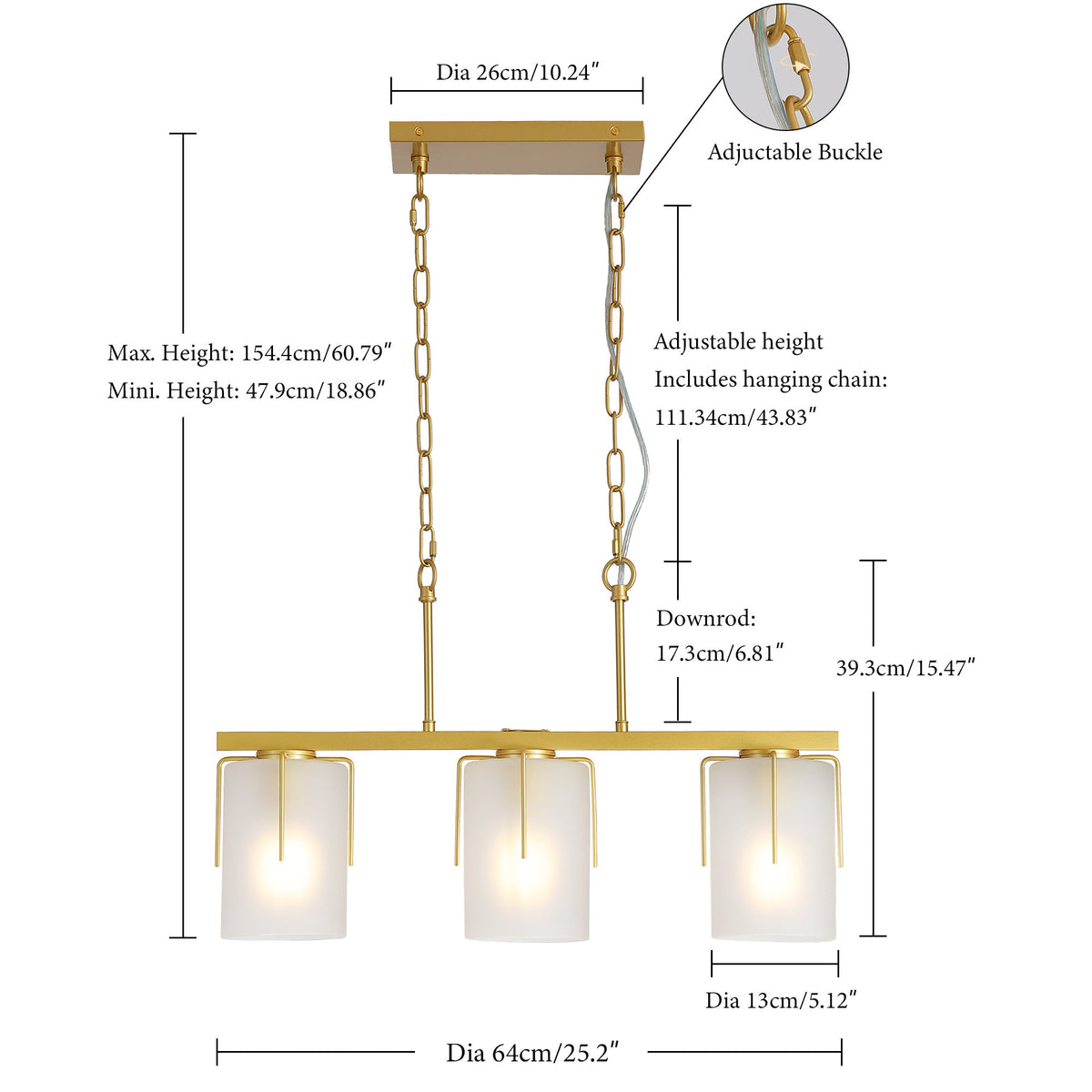 Modern Gold 3-Light Linear Chandelier, E26 Base, Adjustable Height Pendant Light with Milky White Frosted Glass Shades