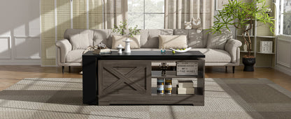 U-Can Farmhouse  Lift Top Coffee Table With Barn Doors, Wood Rectangle Center Table With Large Hidden Storage Space And Open Cabinet, For Living Room, Bedroom, Home Office
