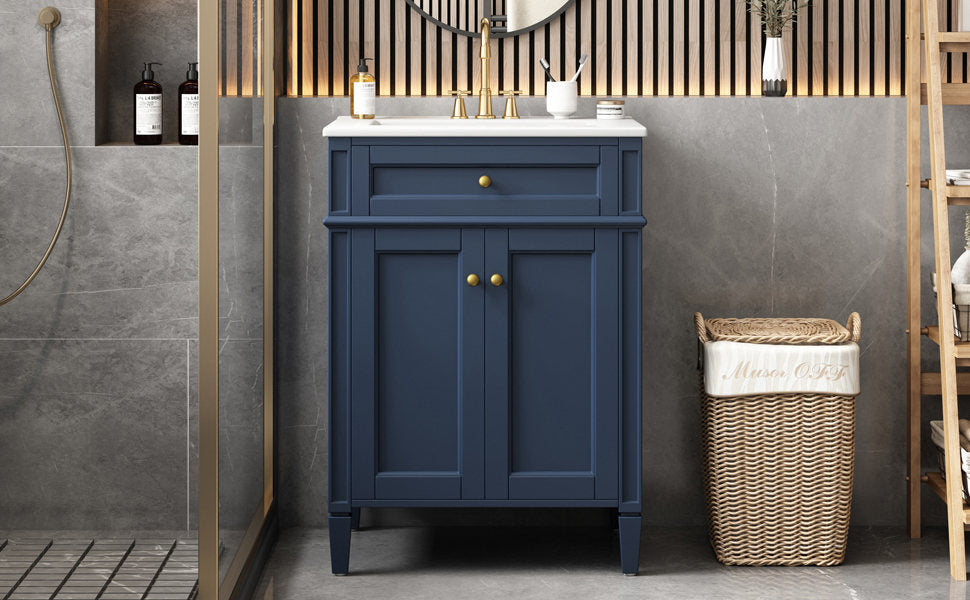 Modern Blue Bathroom Vanity with 2 Doors and Tip-Out Drawer, Ceramic Sink, Soft-Closing Hinges, Solid Wood Frame, 24'
