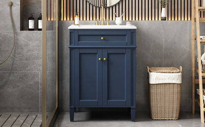 Modern Blue Bathroom Vanity with 2 Doors and Tip-Out Drawer, Ceramic Sink, Soft-Closing Hinges, Solid Wood Frame, 24'