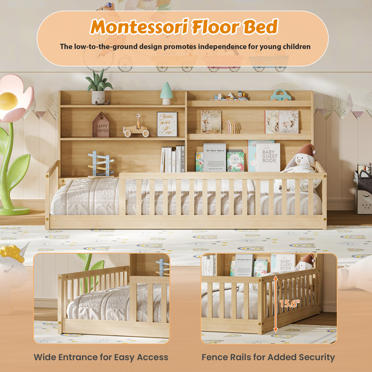 Twin Montessori Floor Bed with Bookshelf & Safety Rails, Natural,Solid pine wood kids bed with integrated bookshelf, low-to-ground Montessori design, safety fence rails and wide entrance.