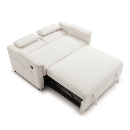 55' Velvet Two Seater Pull Out Sofa Bed, Adjustable Backrest With  USB Ports, Two Side Pockets, 3 in 1 Convertible Sleeper Sofa Bed, Modern Love Seat Lounge,2 waist pillows for living rooms,BEIGE