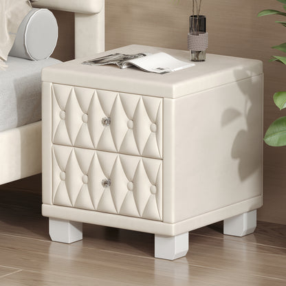 Elegant Velvet Nightstand with 2 Drawers and Crystal Handle, Storage Bedside Table with Button-Tufted, Beige(Old SKU:N733P210398A)