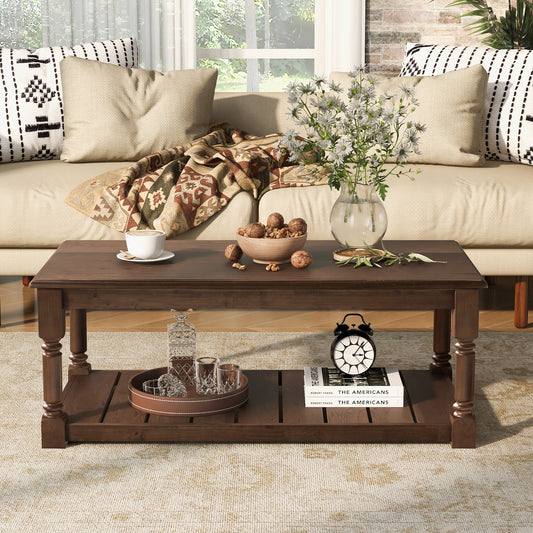 VIBE HAUS Farmhouse Wooden Coffee Table with Slatted Lower Shelf, Rectangular Turned Solid Wood Leg Cocktail Table, Center Table for Living Room Home Decor