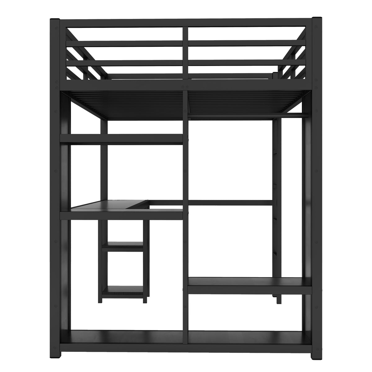 Full Size Loft Bed Frame with Built-in Wardrobe, Metal Loft Bed with Desk and Storage Shelves, Black