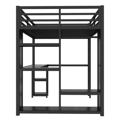 Full Size Loft Bed Frame with Built-in Wardrobe, Metal Loft Bed with Desk and Storage Shelves, Black