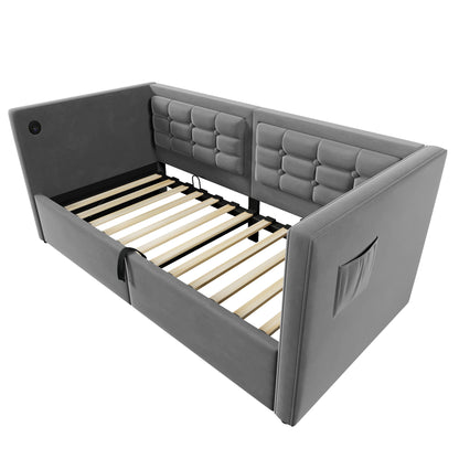 Gray Velvet Upholstered Twin Daybed with Hydraulic Storage, Wooden Slats & USB-Type C Charging, 81L x 44W x 30H