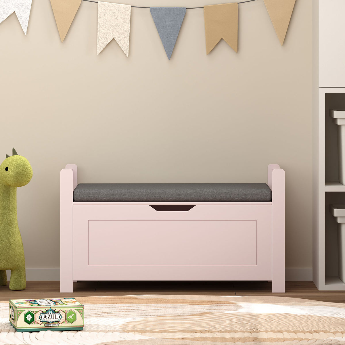 Kids Toy Box Chest for Boys Girls, Large Storage Cabinet with Cushion Seat Bench/ Flip-Top Lid/ Safety Hinge, Toy Storage Organizer Trunk for Nursery, Playroom (Pink)