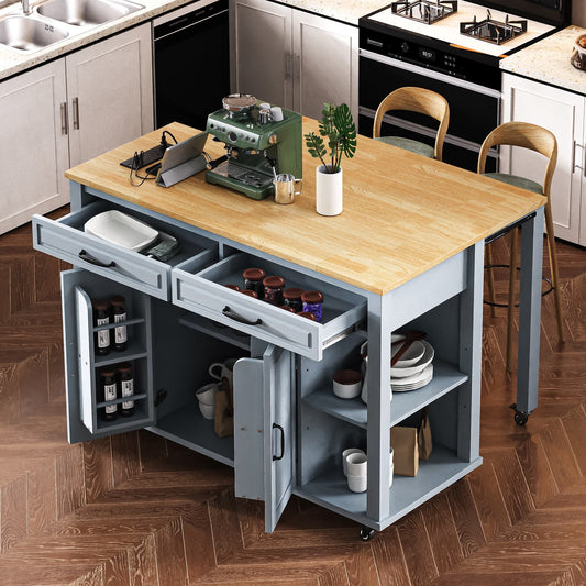 K&K 47 inch Kitchen Island with Extendable Dining Table, Rubber Wood Veneer Kitchen Table with Internal Storage Rack, Power Outlet