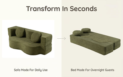 2-in-1 Folding Sofa Bed with Pillow, Twin Sleeper Sofa, Floor & Futon Loveseat Couch, Foam Folding Mattress Sleeper for Living Room, Guest Use, Office, Apartment, No Assembly Required,Green