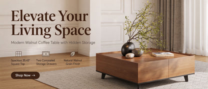 35.43" Square Walnut Finish Coffee Table with Hidden Drawer and Black Base, Modern Large Cocktail Center Table with Storage for Living Room, Apartment and Office