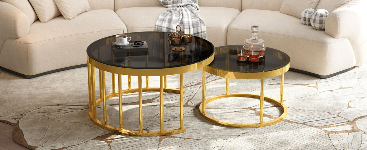 Round Nesting Coffee Table Set of 2, Modern Gold Metal Frame Circular Cocktail Table, Tempered Glass Top Accent Nesting Tables for Living Room, Apartment