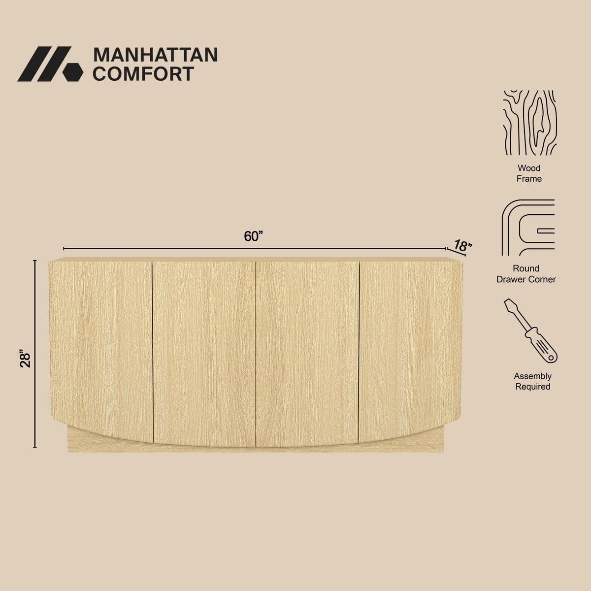 Manhattan Comfort Ardea 60" Sideboard in Natural Oak (4-Door)