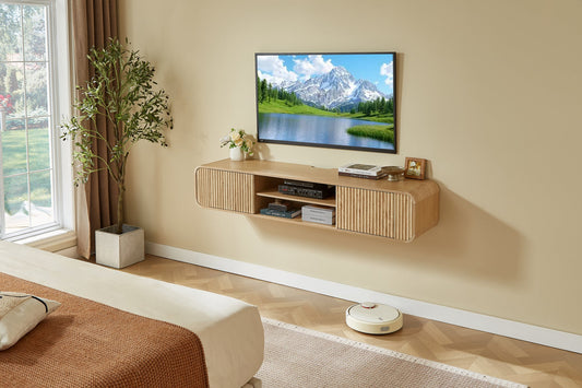 63" Wall‑Mounted TV Stand with Open Storage, Hanging Cabinet for Living Room, Bedroom & Home Use,Natural