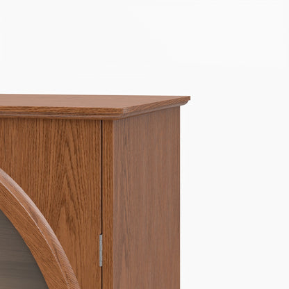 Vintage Farmhouse Arched Glass Accent Cabinet, MDF Real Wood Veneer Display Storage Cabinet with Solid Wood Legs, Adjustable Shelves & Drawer, Antique Glaze Finish