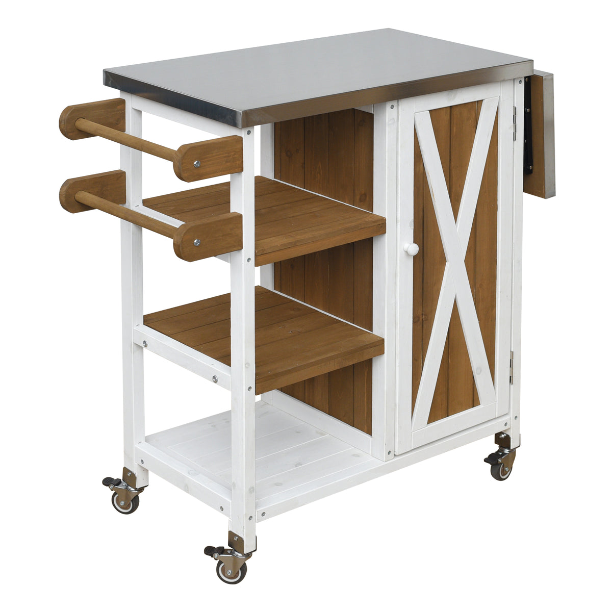 Foldable Outdoor Kitchen Island with Stainless Steel Worktop and Wood Frame, White+Brown, Portable Prep Station