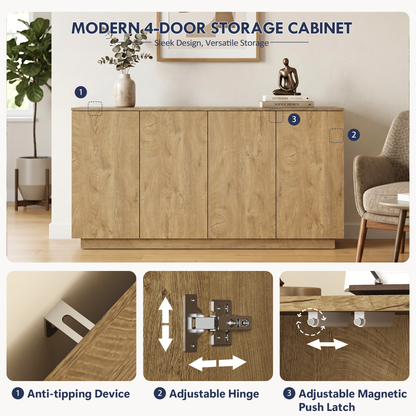 Wood Sideboard Buffet Cabinet, Natural  4-Door Storage Credenza with Adjustable Shelves, 59.1" Wide Large Side Board Cabinet, Particle Board Console Cabinet for Dining Room Kitchen Living Room Entrywa