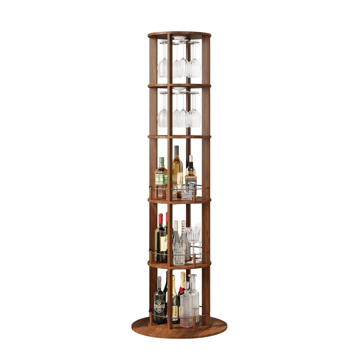 73" Tall Round Wine Rack, Freestanding Wine Bar Cabinet With 360° Rotating Design Wine Glass Rack, 360° Smooth Rotation & Stable Base, 3-Tier Storage Shelf, MDF & Metal, Walnut